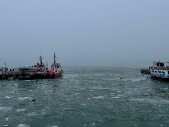 Image of the Harbourfront pier frozen over in Toronto. Mid-day, cloudy, a boat docked on the left.